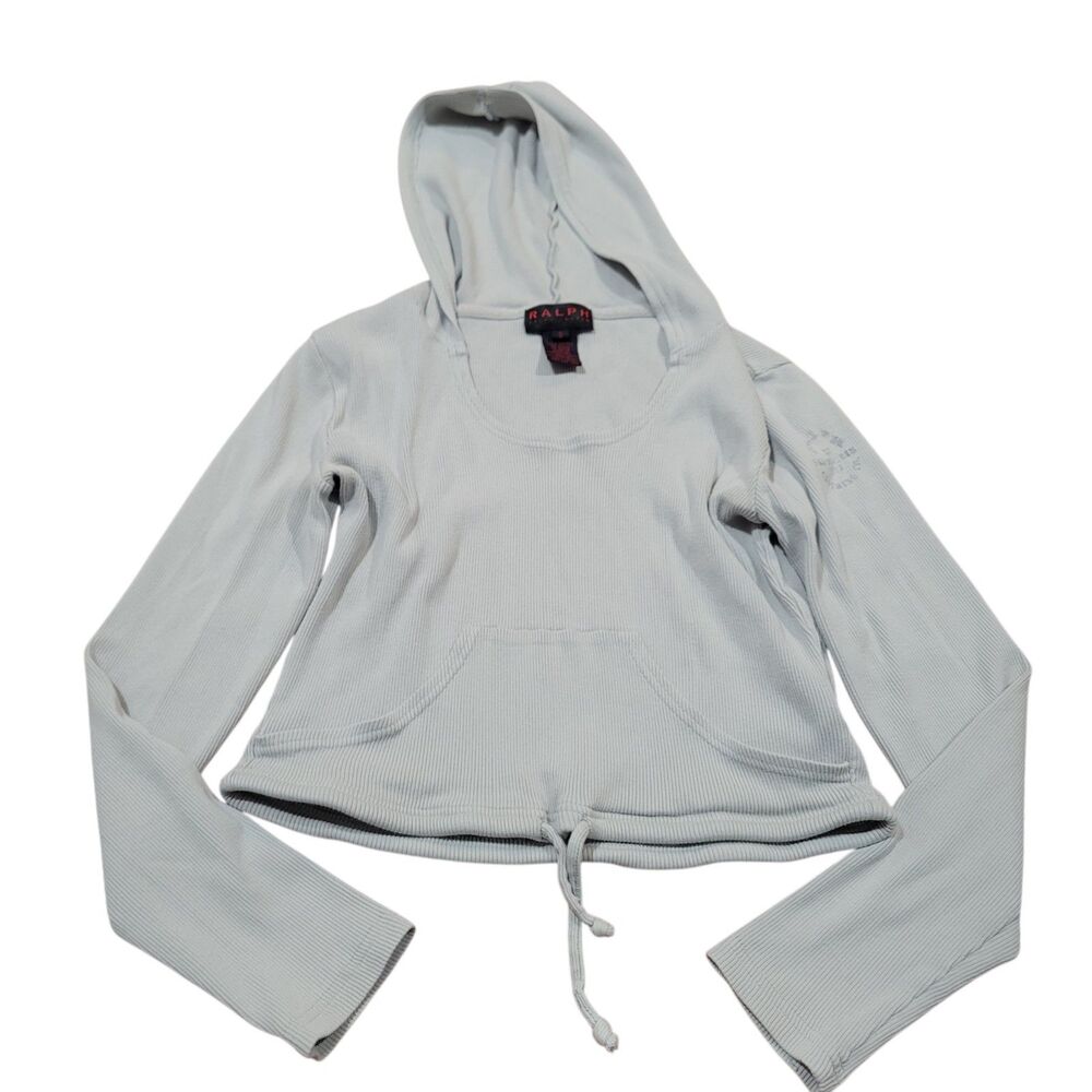 Y2k Ralph Lauren Ribbed Cropped Hoodie Small Light Blue Cotton Fitted Top